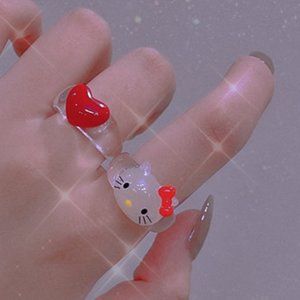 Women's Ring Set Hello Kitty and Heart Red Acrylic Rings Size 8